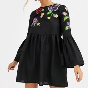 ASOS Black Mini Dress with Multicolor Floral Embroidery